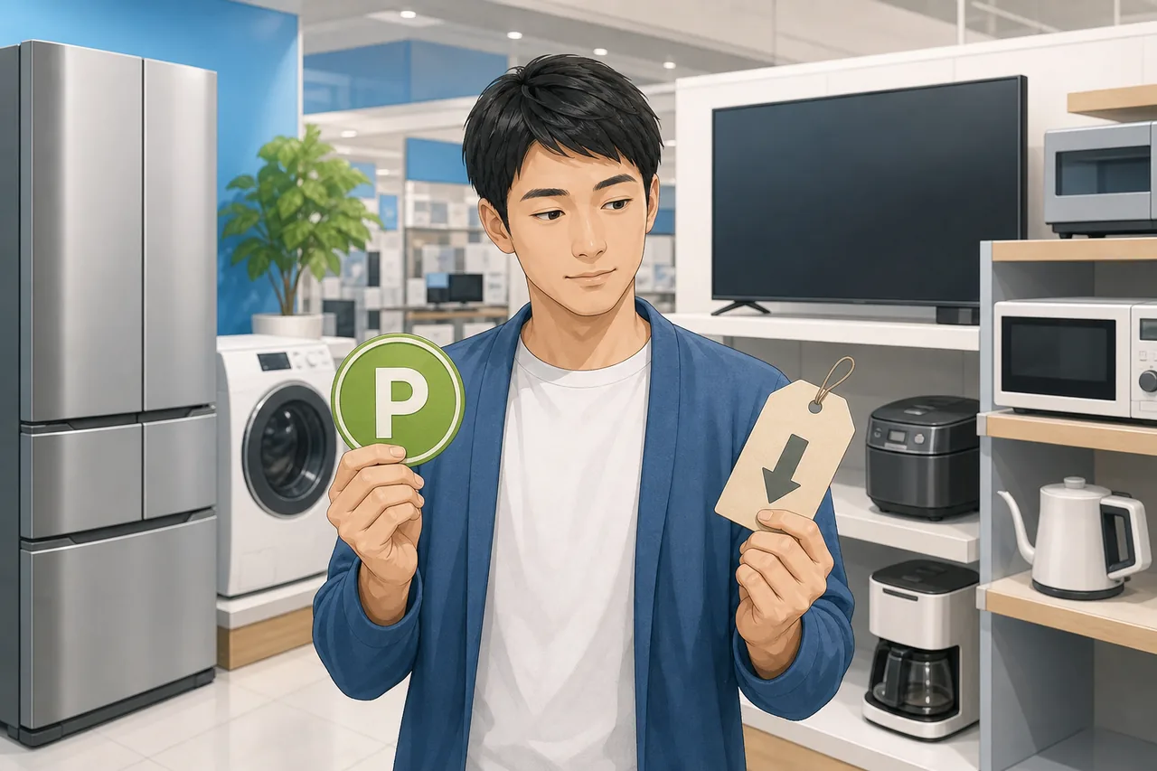 家電量販店でポイント還元と値引きを比較する買い物客のイラスト