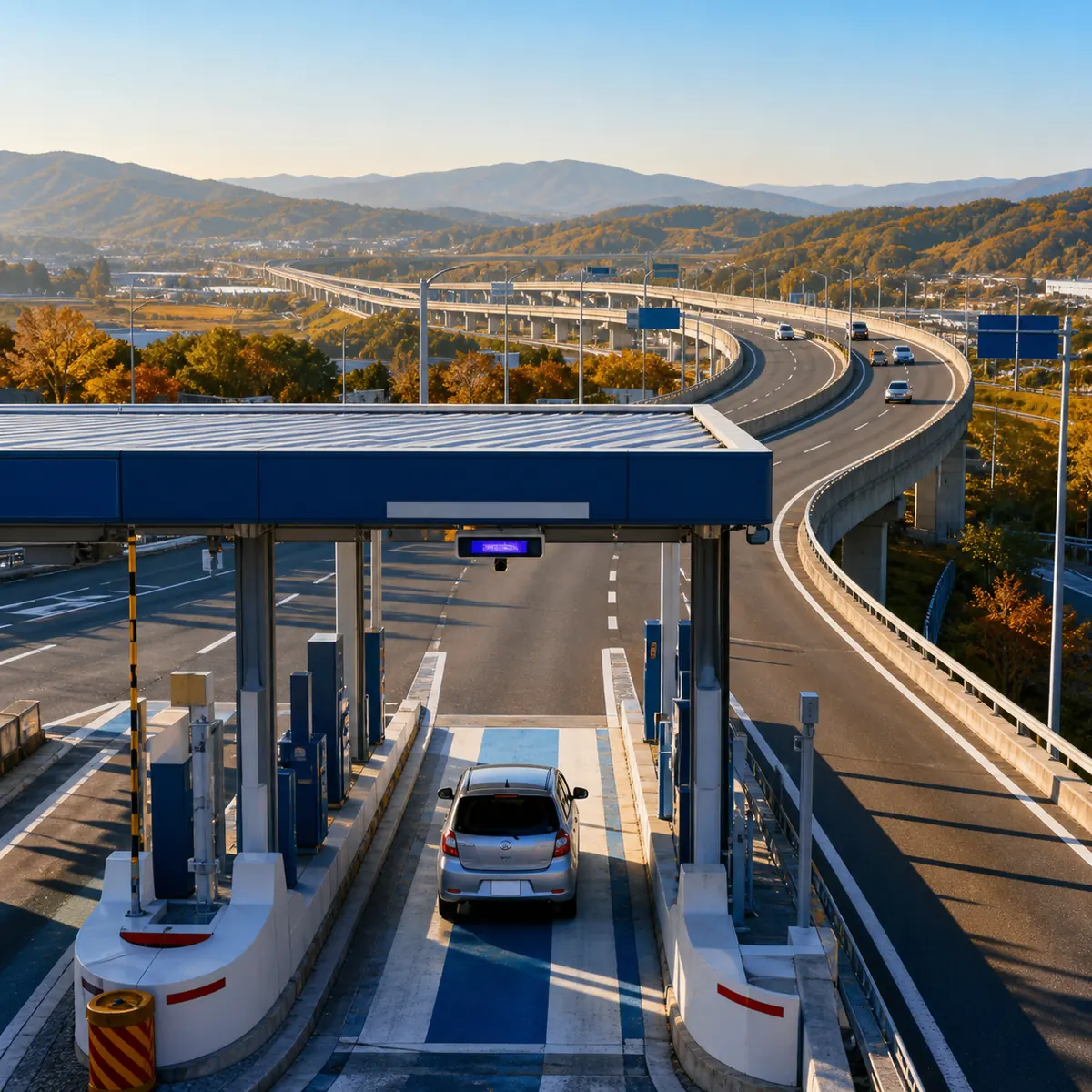 ETCレーンを通過する車と日本の高速道路を描いた高速料金割引のイメージ