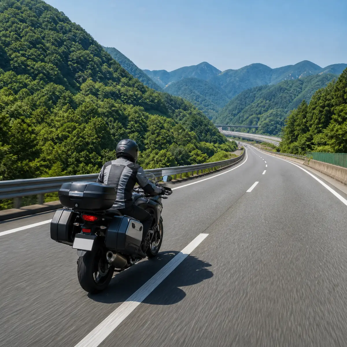 山間部の高速道路を走るバイクと二輪車向け料金割引を考えるイメージ