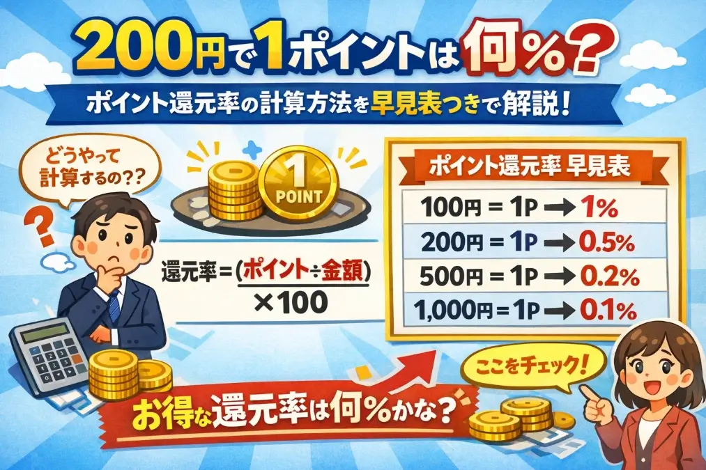 200円で1ポイントの還元率と計算方法を解説する記事のアイキャッチ画像